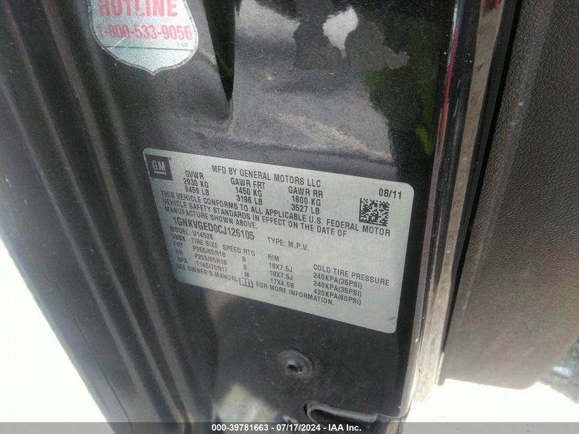 2012 Chevrolet Traverse 1Lt VIN: 1GNKVGED0CJ126105 Lot: 39781663