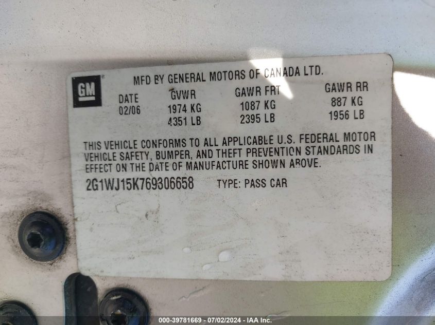 2006 Chevrolet Monte Carlo Ls VIN: 2G1WJ15K769306658 Lot: 39781669