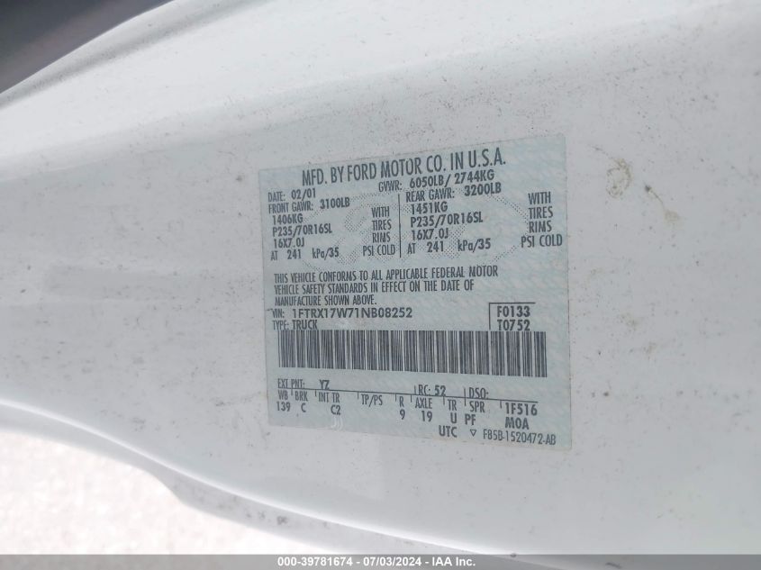 2001 Ford F-150 Lariat/Xl/Xlt VIN: 1FTRX17W71NB08252 Lot: 39781674