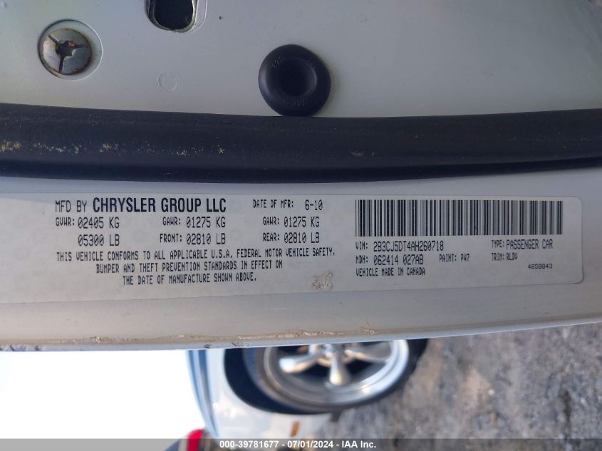 2010 Dodge Challenger R/T VIN: 2B3CJ5DT4AH260718 Lot: 39781677