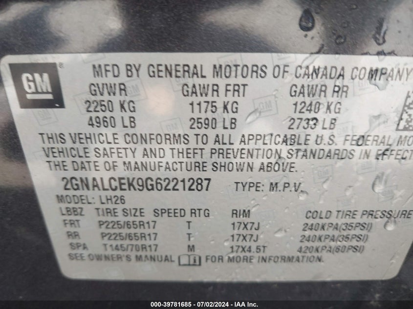 2016 CHEVROLET EQUINOX LT - 2GNALCEK9G6221287