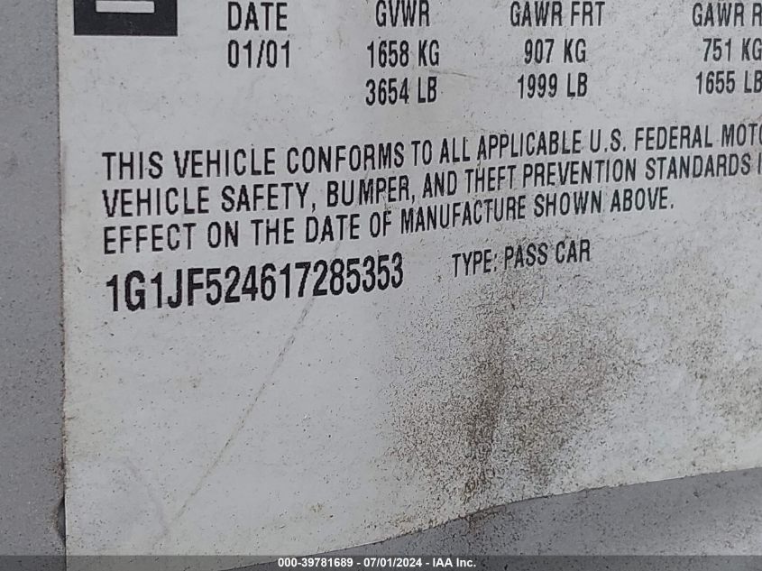 2001 Chevrolet Cavalier Ls VIN: 1G1JF524617285353 Lot: 39781689