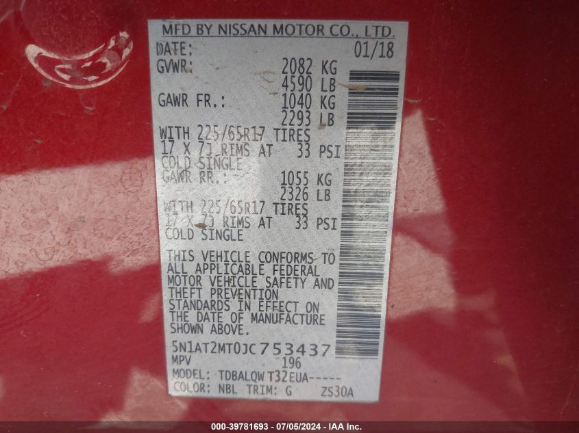 2018 Nissan Rogue Sv VIN: 5N1AT2MT0JC753437 Lot: 39781693