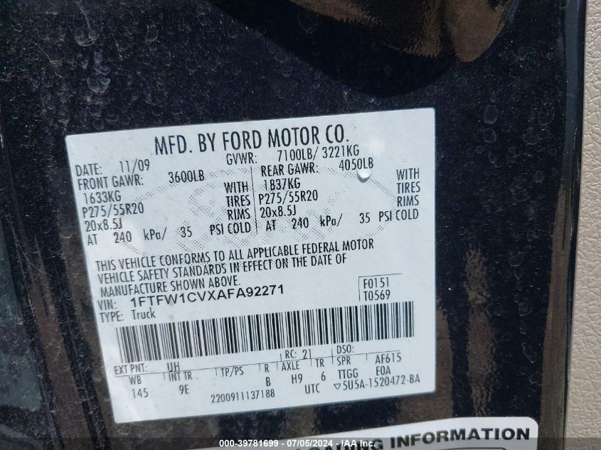 2010 Ford F-150 Platinum VIN: 1FTFW1CVXAFA92271 Lot: 39781699