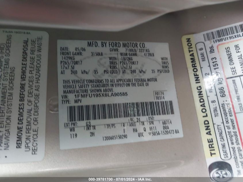 2006 Ford Expedition Limited VIN: 1FMFU195X6LA90585 Lot: 39781700