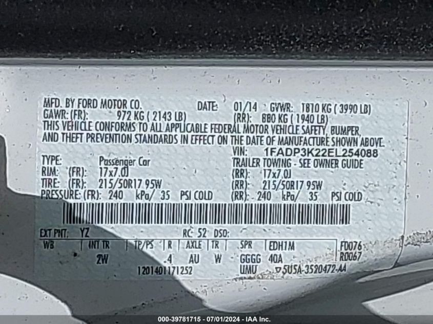 2014 Ford Focus Se VIN: 1FADP3K22EL254088 Lot: 39781715