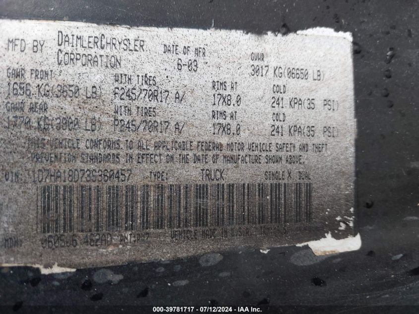 2003 Dodge Ram 1500 Slt/Laramie/St VIN: 1D7HA18D73S360457 Lot: 39781717