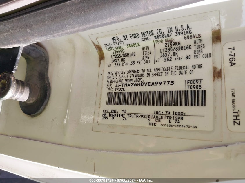 1997 Ford F-250 Xl VIN: 1FTHX26H0VEA99775 Lot: 39781724