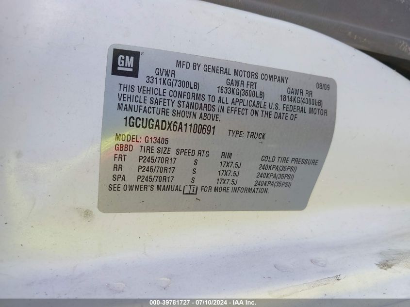 2010 Chevrolet Express 1500 Work Van VIN: 1GCUGADX6A1100691 Lot: 39781727