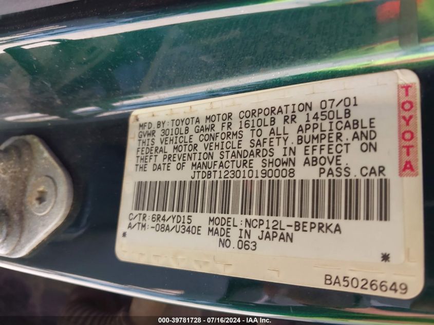 2001 Toyota Echo VIN: JTDBT123010190008 Lot: 39781728