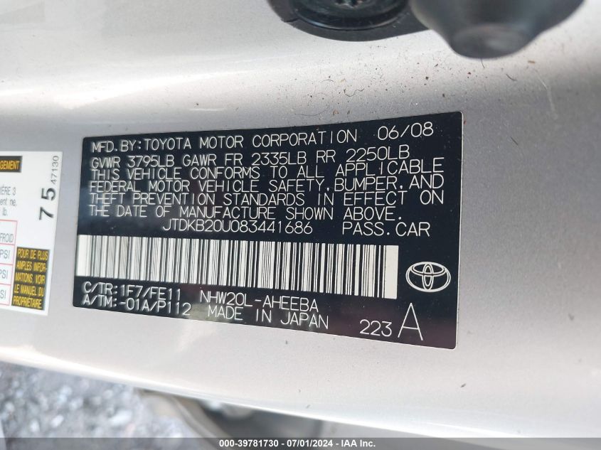 2008 Toyota Prius VIN: JTDKB20U083441686 Lot: 39781730