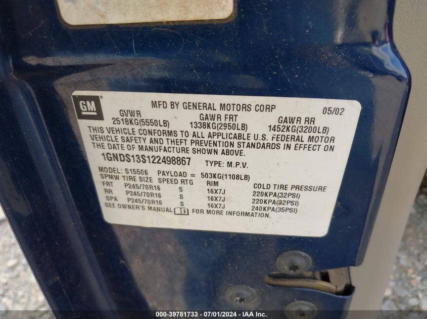2002 Chevrolet Trailblazer Ls VIN: 1GNDS13S122498867 Lot: 39781733