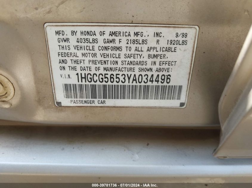 2000 Honda Accord 2.3 Ex VIN: 1HGCG5653YA034496 Lot: 39781736