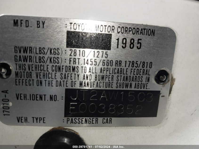 1985 Toyota Mr2 VIN: JT2AW15C3F0038352 Lot: 39781741