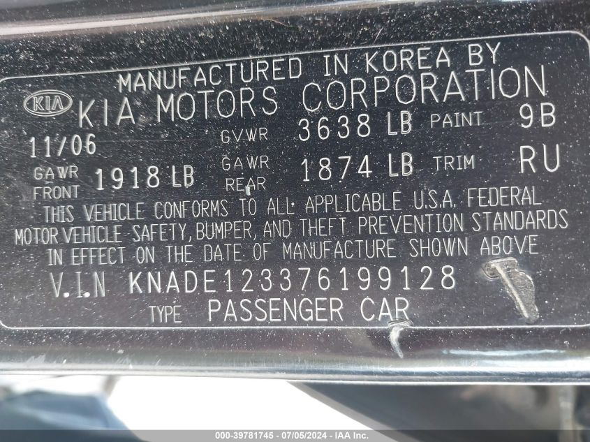 2007 Kia Rio Lx VIN: KNADE123376199128 Lot: 39781745