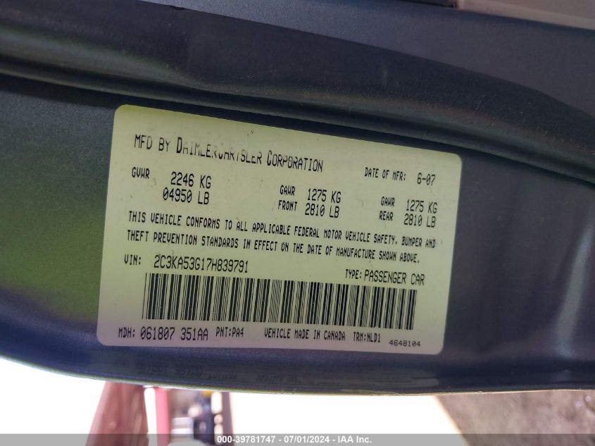 2007 Chrysler 300 Touring VIN: 2C3KA53G17H839791 Lot: 39781747