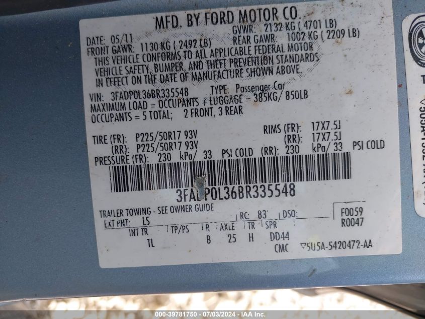 2011 Ford Fusion Hybrid VIN: 3FADP0L36BR335548 Lot: 39781750