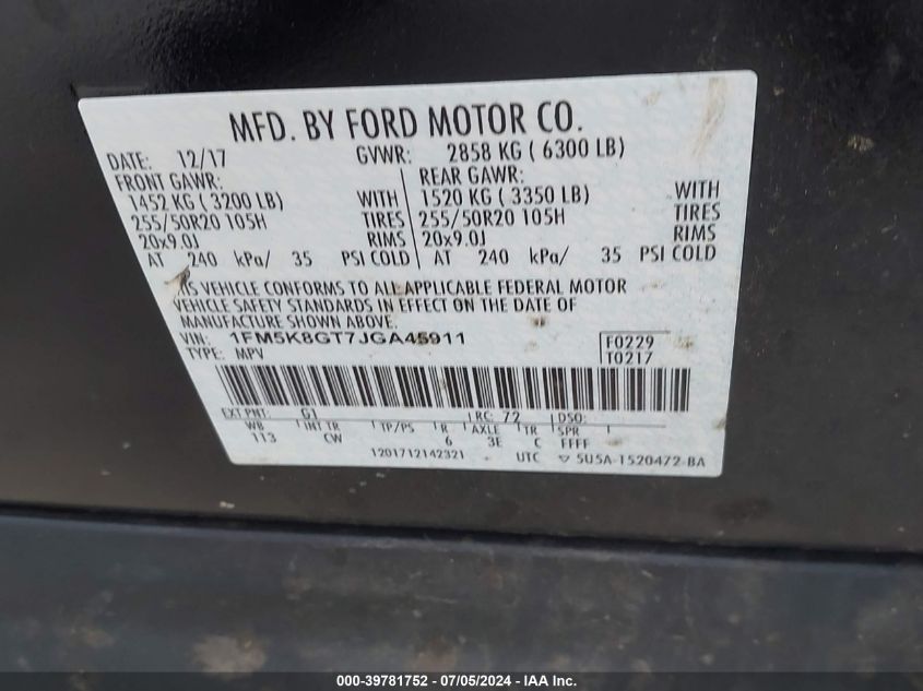 2018 Ford Explorer Sport VIN: 1FM5K8GT7JGA45911 Lot: 39781752