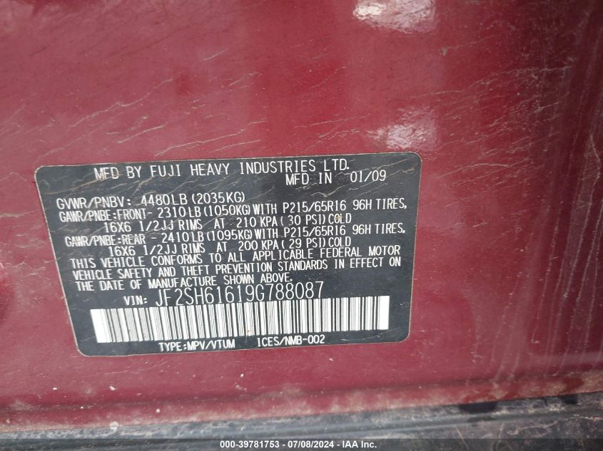 2009 Subaru Forester 2.5X VIN: JF2SH61619G788087 Lot: 39781753