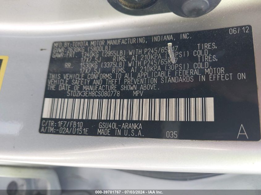 2012 Toyota Highlander Base V6 VIN: 5TDZK3EH8CS080778 Lot: 39781767