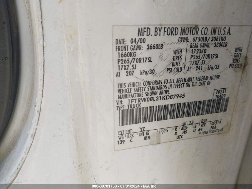 2001 Ford F-150 King Ranch Edition/Lariat/Xlt VIN: 1FTRW08L31KD87945 Lot: 39781768