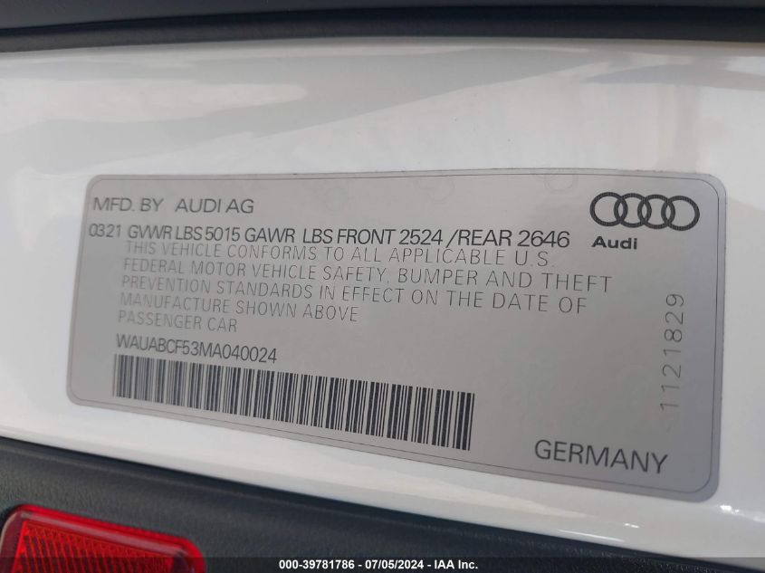 2021 Audi A5 Sportback Premium 40 Tfsi Quattro S Tronic VIN: WAUABCF53MA040024 Lot: 39781786