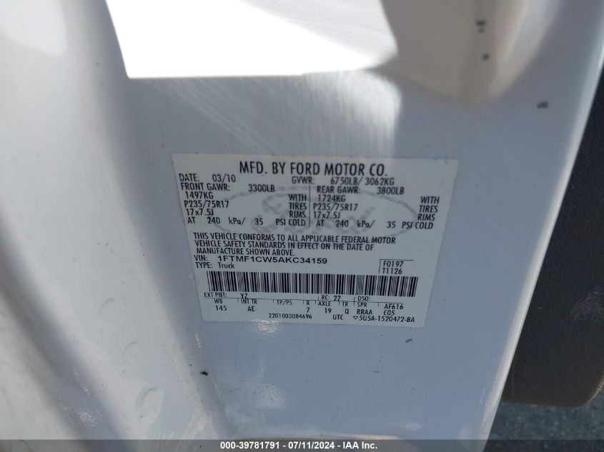 2010 Ford F-150 Stx/Xl/Xlt VIN: 1FTMF1CW5AKC34159 Lot: 39781791