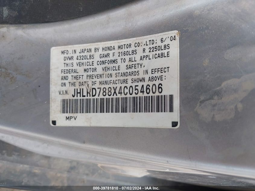 2004 Honda Cr-V Ex VIN: JHLRD788X4C054606 Lot: 39781810