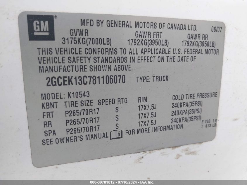 2008 Chevrolet Silverado 1500 Lt1 VIN: 2GCEK13C781106070 Lot: 39781812