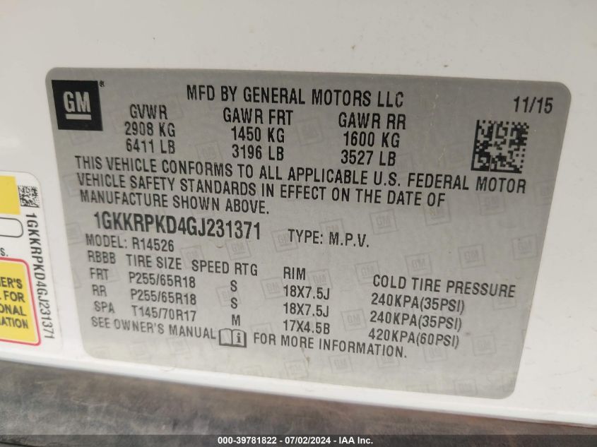 2016 GMC Acadia Sle VIN: 1GKKRPKD4GJ231371 Lot: 39781822