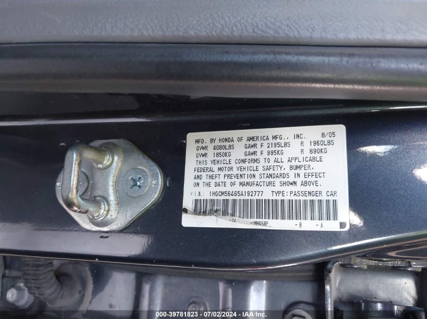 2005 Honda Accord Lx VIN: 1HGCM56465A192777 Lot: 39781823