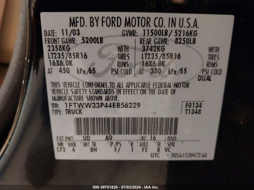 2004 Ford F350 Super Duty VIN: 1FTWW33P44EB56229 Lot: 39781825