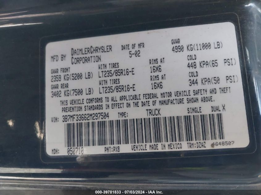 2002 Dodge Ram 3500 VIN: 3B7MF33662M297504 Lot: 39781833