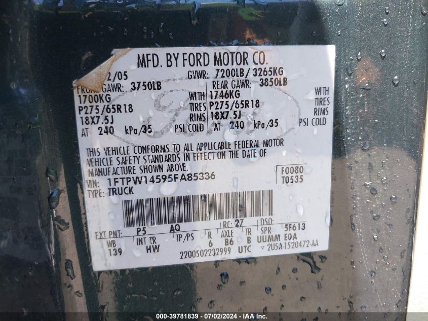 2005 Ford F-150 Fx4/Lariat/Xlt VIN: 1FTPW14595FA85336 Lot: 39781839