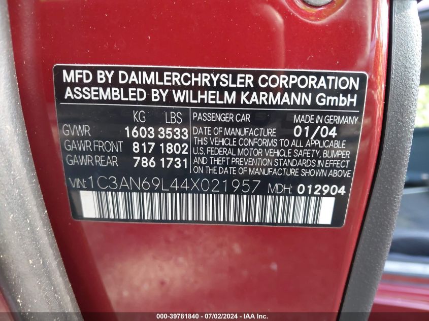 2004 Chrysler Crossfire Limited VIN: 1C3AN69L44X021957 Lot: 39781840