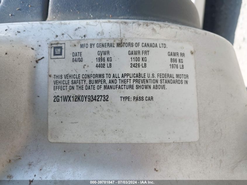 2000 Chevrolet Monte Carlo Ss VIN: 2G1WX12K0Y9342732 Lot: 39781847