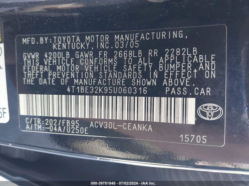 4T1BE32K95U060316 2005 Toyota Camry Le