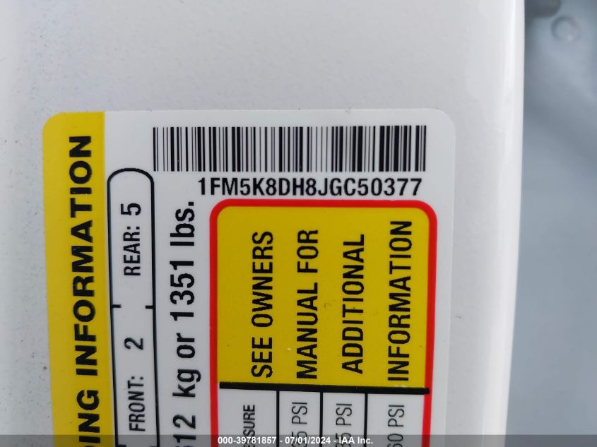 2018 Ford Explorer Xlt VIN: 1FM5K8DH8JGC50377 Lot: 39781857