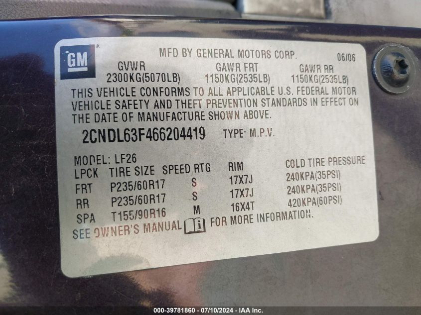 2CNDL63F466204419 2006 Chevrolet Equinox Lt