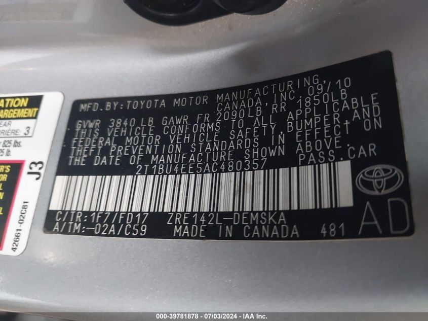 2010 Toyota Corolla S VIN: 2T1BU4EE5AC480357 Lot: 39781878