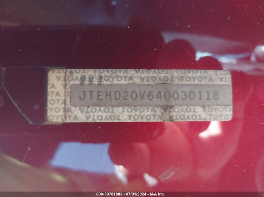 2004 Toyota Rav4 VIN: JTEHD20V640030118 Lot: 39781883