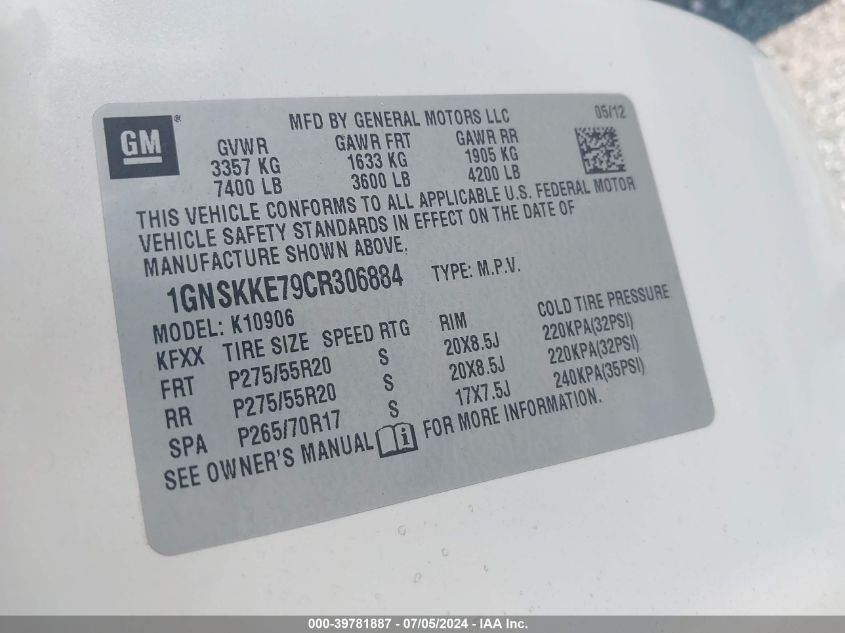 2012 Chevrolet Suburban 1500 Ltz VIN: 1GNSKKE79CR306884 Lot: 39781887