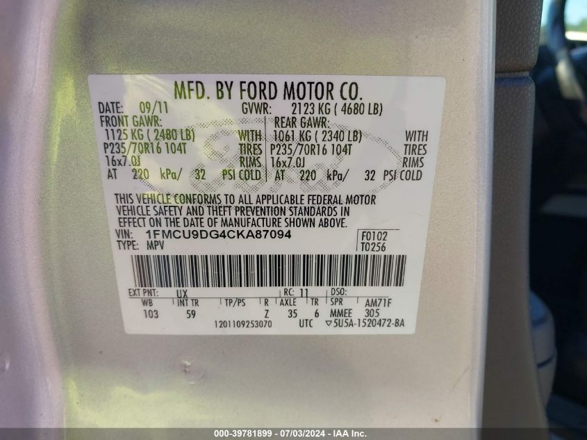 2012 Ford Escape Xlt VIN: 1FMCU9DG4CKA87094 Lot: 39781899