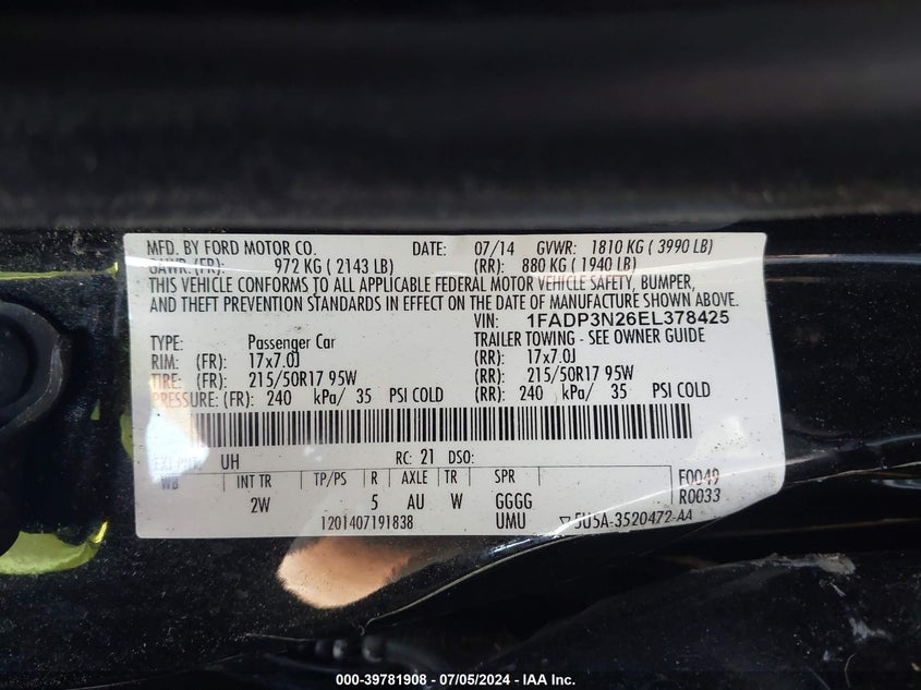 2014 Ford Focus Titanium VIN: 1FADP3N26EL378425 Lot: 39781908