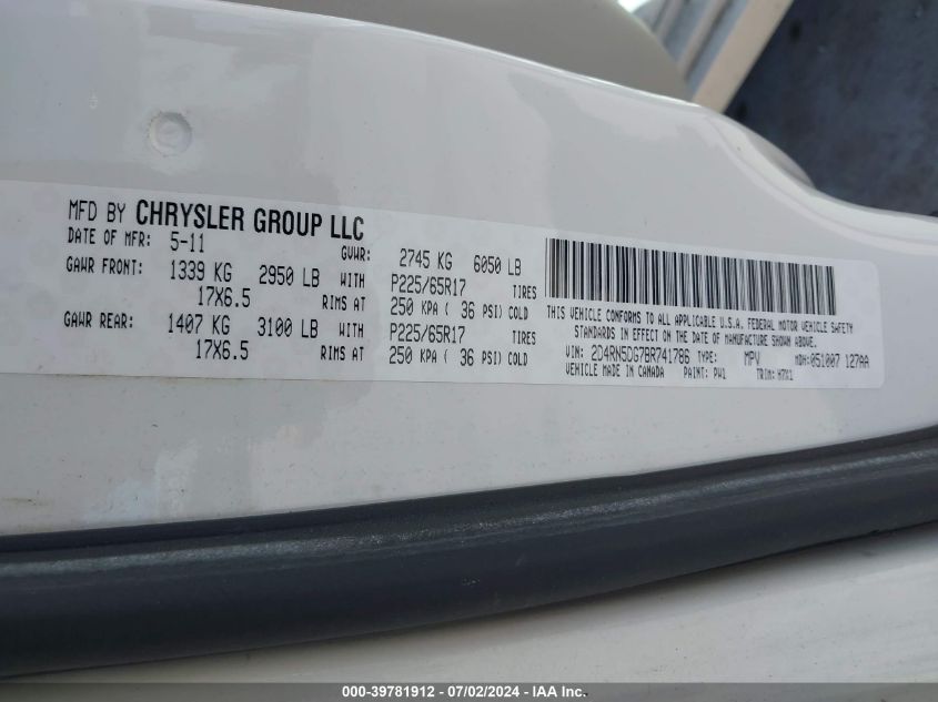 2011 Dodge Grand Caravan Crew VIN: 2D4RN5DG7BR741786 Lot: 39781912