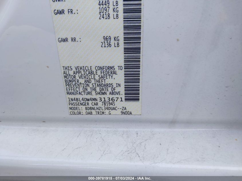 2021 Nissan Altima Sv Intelligent Awd VIN: 1N4BL4DW4MN313671 Lot: 39781915