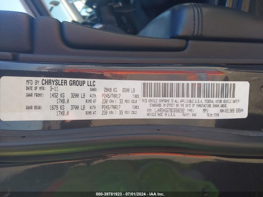 2011 Jeep Grand Cherokee Laredo VIN: 1J4RS4GG7BC658292 Lot: 39781923