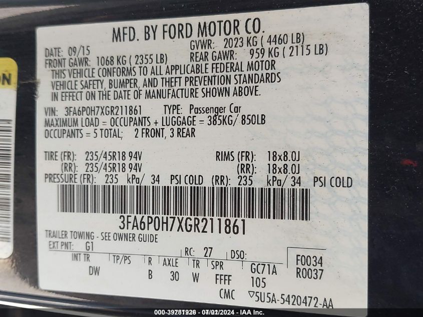 3FA6P0H7XGR211861 | 2016 FORD FUSION