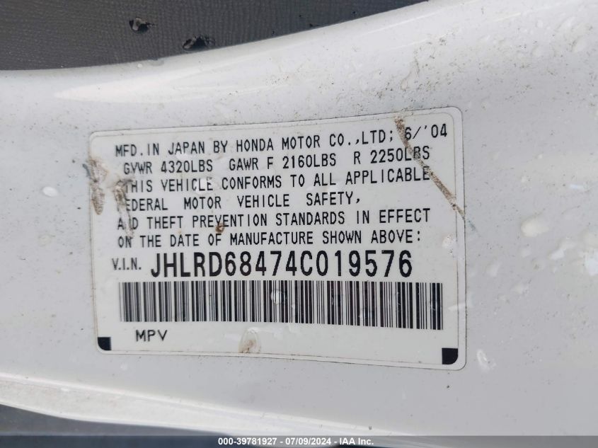 2004 Honda Cr-V Lx VIN: JHLRD68474C019576 Lot: 39781927