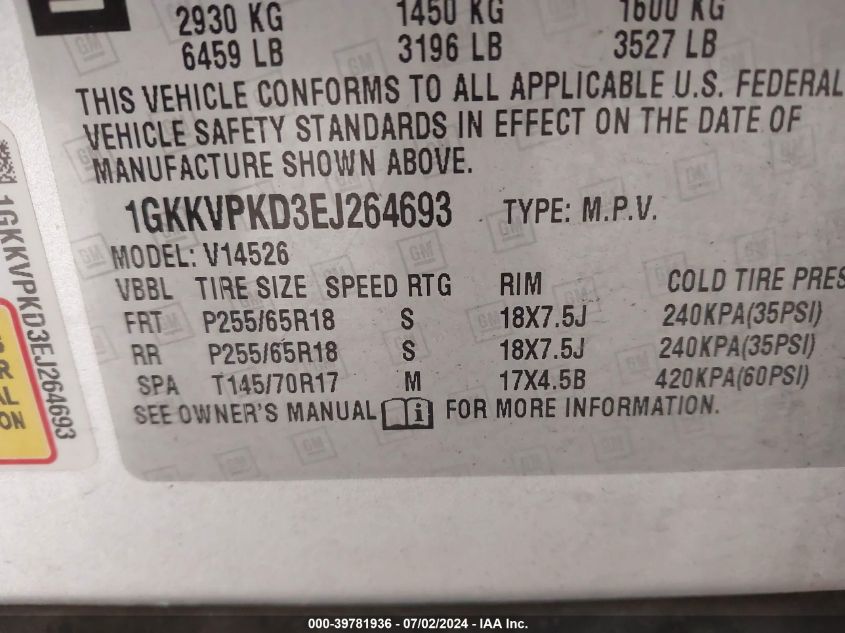 1GKKVPKD3EJ264693 2014 GMC Acadia Sle